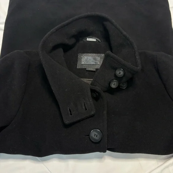 Mackage Wool Cashmere Coat Black Leather Trim Removable Collar Hood Size L - Picture 8 of 15